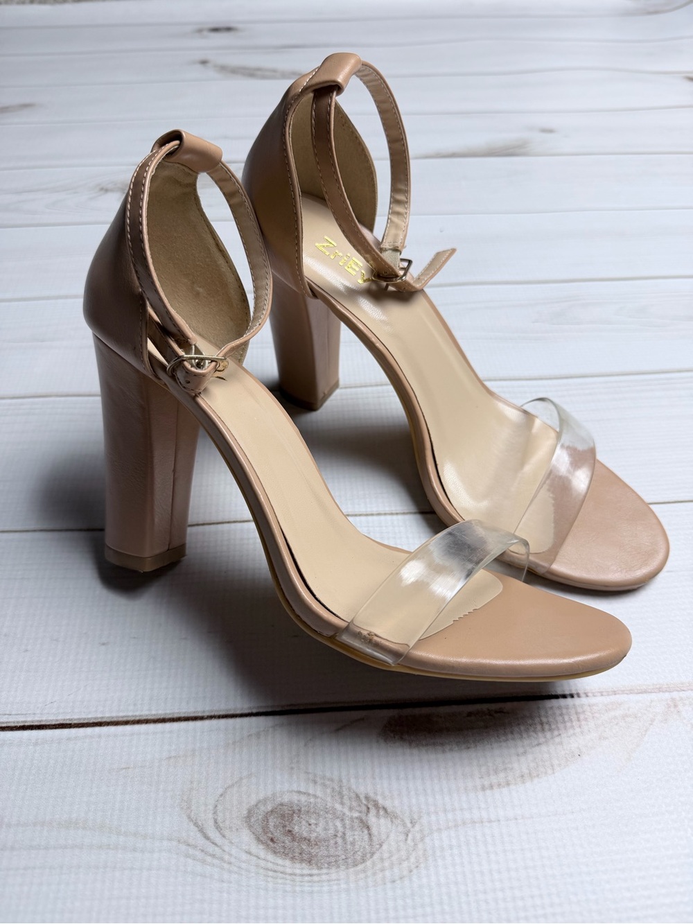 Women's Nude Block Heel Sandals with Clear Toe Strap